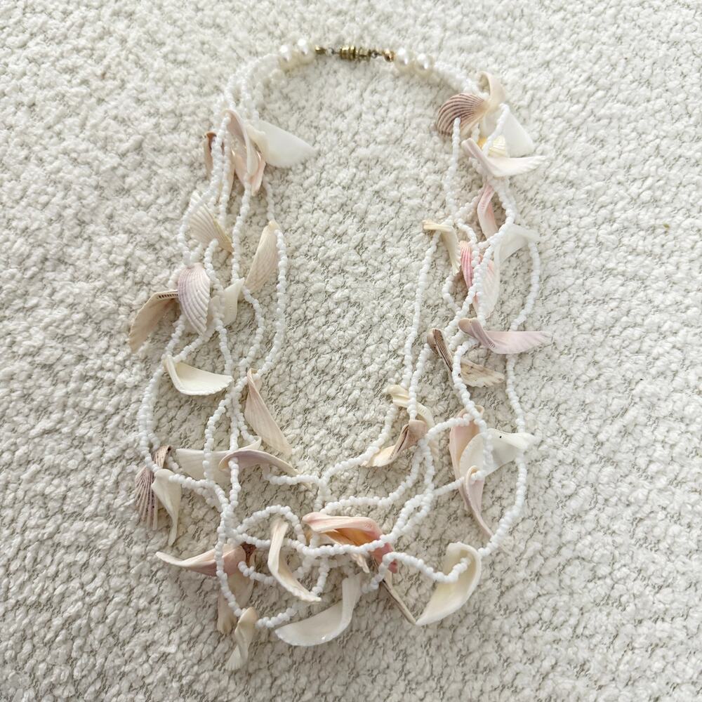 Dainty Sea Shell & White Beads Necklace Multi-Strands of Pink White Shell Pearls